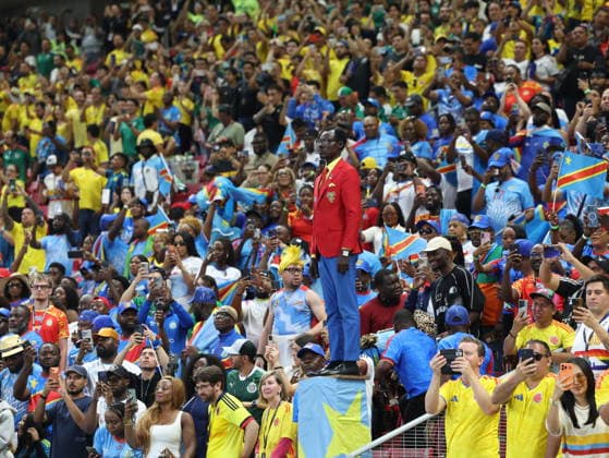 FIFA World Cup, WM, Weltmeisterschaft, Fussball 2026 - Group K - Colombia vs DR Congo Congolese soccer supporter Michel Kuka Mboladinga stands among the crowd during the FIFA World Cup 2026 Group K match Colombia against DR Congo in Guadalajara, Mexico, 23 June 2026. Mboladinga is known for standing motionless during DR Congo matches in tribute to Patrice Lumumba, a leader of Congolese independence. GUADALAJARA Mexico  Copyright: xALEXxCRUZx