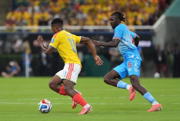 Colombia v DR Congo - FIFA World Cup, WM, Weltmeisterschaft, Fussball 2026 - Group K ZAPOPAN, MEXICO - JUNE 23: Jhon Arias (11) of Colombia in action against Ngal ayel Mukau (6) of DR Congo during the 2026 FIFA World Cup First Stage Group K match between Colombia and DR Congo at Estadio Akron (Guadalajara Stadium) in Zapopan, Guadalajara, Mexico on June 23, 2026. Juancho Torres Anadolu Jalisco Mexico. Editorial use only. Please get in touch for any other usage.  Copyright: x2026xAnadoluxJuanchoxTorresx