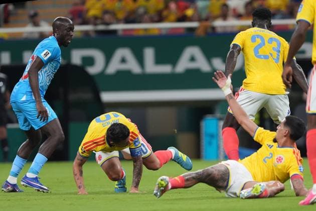 Colombia v DR Congo - FIFA World Cup, WM, Weltmeisterschaft, Fussball 2026 - Group K ZAPOPAN, MEXICO - JUNE 23: Daniel Munoz (2) of Colombia falls down during the 2026 FIFA World Cup First Stage Group K match between Colombia and DR Congo at Estadio Akron (Guadalajara Stadium) in Zapopan, Guadalajara, Mexico on June 23, 2026. Juancho Torres Anadolu Jalisco Mexico. Editorial use only. Please get in touch for any other usage.  Copyright: x2026xAnadoluxJuanchoxTorresx