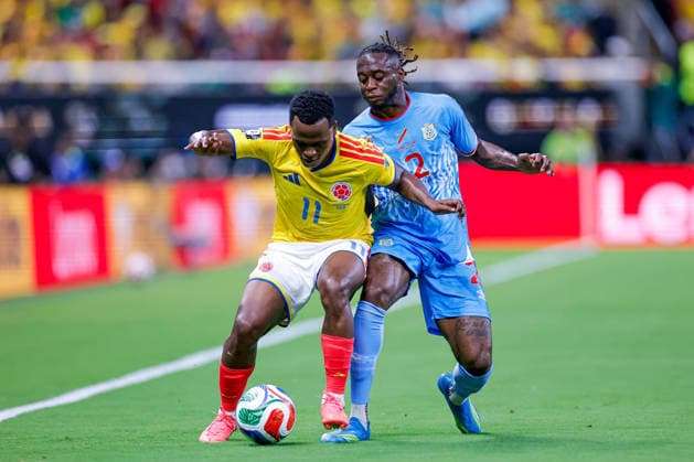 FIFA World Cup, WM, Weltmeisterschaft, Fussball 2026 COLOMBIA VS RD CONGO FIFA WORLD CUP 2026 COLOMBIA VS RD CONGO COLOMBIA VS RD CONGO 23062026 GUADALAJARA, JALISCO. Action photo of Jhon Arias (No. 11) of Colombia and Aaron Wan Bissau (No. 2) of Congo, during Group K game of the FIFA World Cup 2026, held at the Estadio Guadalajara at Guadalajara, Jalisco. Foto de accion de Jhon Arias (No. 11) de Colombia y Aaron Wan Bissau (No. 2) de Congo,, durante juego del Grupo K de la Copa del Mundo 2026 de la FIFA, celebrado en el Estadio Guadalajara en Guadalajara, Jalisco. PHOTO BY IMAGENSHOP AGENCIA FOTOGRAFICA GUADALAJARA JALISCO MEXICO *** FIFA WORLD CUP 2026 COLOMBIA VS. DR CONGO FIFA WORLD CUP 2026 COLOMBIA VS. DR CONGO COLOMBIA VS. DR CONGO 06 23 2026 GUADALAJARA, JALISCO Action photo of Jhon Arias (No. 11) of Colombia and Aaron Wan Bissau (No. 2) of the DR Congo during a Group K match of the 2026 FIFA World Cup, held at the Estadio Guadalajara in Guadalajara, Jalisco Action photo of Jhon Arias (No. 11) of Colombia and Aaron Wan Bissau (No. 2) of the DR Congo, during a Group K match of the 2026 FIFA World Cup, held at the Estadio Guadalajara in Guadalajara, Jalisco. PHOTO BY IMAGENSHOP PHOTO AGENCY, GUADALAJARA, JALISCO, MEXICO,detected_source_language Copyright: xYOALIxMARTINEZx