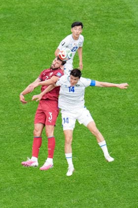 Ruben Dias of Portugal (L) heads the ball under pressure from Eldor Shomurodov of Uzbekistan (R) during a FIFA Men’s World Cup 2026 Group Stage football match between Portugal and Uzbekistan at Houston Stadium, in Houston on June 23th 2026 (Photo by Alexandra Fechete SPP)  Copyright: xAlexandraxFechete SPPx Sportspressphoto_SPR174385