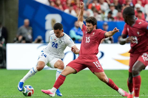 Bekhruz Karimov of Uzbekistan (L) controls the ball under pressure from Joao Neves of Portugal (R) during a FIFA Men’s World Cup 2026 Group Stage football match between Portugal and Uzbekistan at Houston Stadium, in Houston on June 23th 2026 (Photo by LVDIDI SPP)  Copyright: xLVDIDI SPPx Sportspressphoto_SPR174406