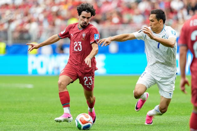 Vitinha of Portugal (L) under pressure from Otabek Shukurov of Uzbekistan (R) runs with the ball during a FIFA Men’s World Cup 2026 Group Stage football match between Portugal and Uzbekistan at Houston Stadium, in Houston on June 23th 2026 (Photo by LVDIDI SPP)  Copyright: xLVDIDI SPPx Sportspressphoto_SPR174423