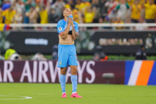 FIFA World Cup, WM, Weltmeisterschaft, Fussball 2026 - Group K - Colombia vs DR Congo Steve Kapuadi of Congo reacts at the end of the FIFA World Cup 2026 Group K soccer match between Colombia and DR Congo in Guadalajara, Mexico, 23 June 2026. GUADALAJARA Mexico  Copyright: xFRANCISCOxGUASCOx