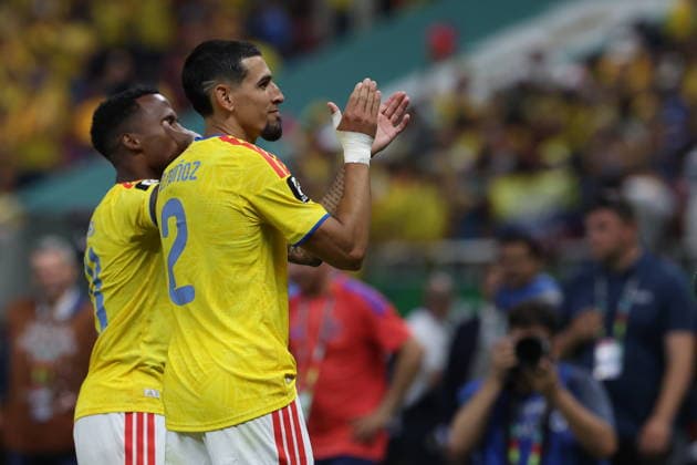 FIFA World Cup, WM, Weltmeisterschaft, Fussball 2026 - Group K - Colombia vs DR Congo Jhon Arias (L) and Daniel Munoz of Colombia celebrate after the FIFA World Cup 2026 Group K soccer match between Colombia and DR Congo in Guadalajara, Mexico, 23 June 2026. GUADALAJARA Mexico  Copyright: xALEXxCRUZx