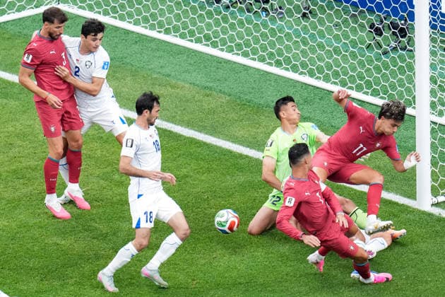 Cristiano Ronaldo of Portugal and Abduvohid Nematov of Uzbekistan fight for possession during a FIFA Men’s World Cup 2026 Group Stage football match between Portugal and Uzbekistan at Houston Stadium, in Houston on June 23th 2026 (Photo by Alexandra Fechete SPP)  Copyright: xAlexandraxFechete SPPx Sportspressphoto_SPR174480