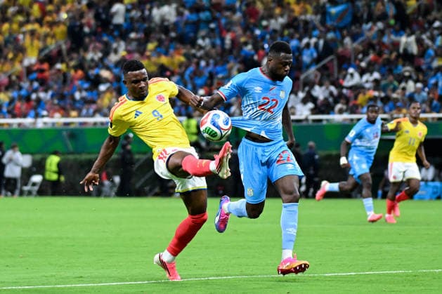 Jhon Cordoba of Colombia (L) controls the ball under pressure from Chancel Mbemba of Congo DR (R) during a FIFA Men’s World Cup 2026 Group Stage football match between Colombia and Congo DR at Guadalajara Stadium, in Guadalajara on June 23th 2026 (Photo by Nayra Halm SPP)  Copyright: xNayraxHalm SPPx Sportspressphoto_SPR175049