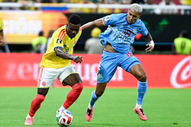 Jhon Cordoba of Colombia (L) runs with the ball under pressure from Charles Pickel of Congo DR (R) during a FIFA Men’s World Cup 2026 Group Stage football match between Colombia and Congo DR at Guadalajara Stadium, in Guadalajara on June 23th 2026 (Photo by Nayra Halm SPP)  Copyright: xNayraxHalm SPPx Sportspressphoto_SPR175065