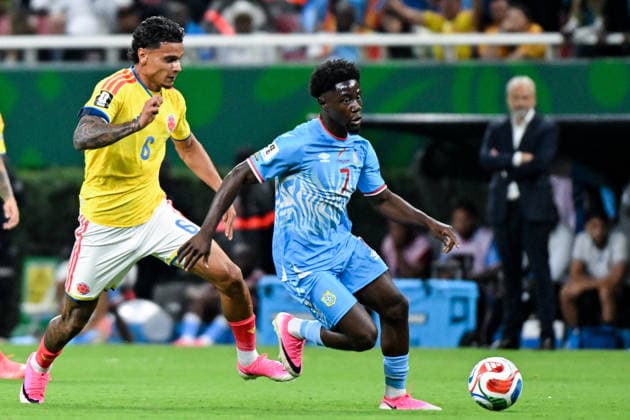 Nathanael Mbuku of Congo DR (R) runs with the ball under pressure from Richard Rios of Colombia (L) during a FIFA Men’s World Cup 2026 Group Stage football match between Colombia and Congo DR at Guadalajara Stadium, in Guadalajara on June 23th 2026 (Photo by Nayra Halm SPP)  Copyright: xNayraxHalm SPPx Sportspressphoto_SPR175072