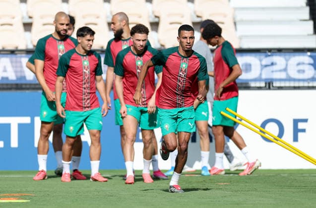 (260624) -- KENNESAW, June 24, 2026 -- Azzedine Ounahi (front) of Morocco attends a training session at the FIFA World Cup, WM, Weltmeisterschaft, Fussball 2026 in Kennesaw, the United States, on June 23, 2026. ) (SP)U.S.-KENNESAW-FIFA WORLD CUP-TRAINING-MOROCCO WangxKaiyan 