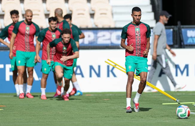 (260624) -- KENNESAW, June 24, 2026 -- Azzedine Ounahi (front) of Morocco attends a training session at the FIFA World Cup, WM, Weltmeisterschaft, Fussball 2026 in Kennesaw, the United States, on June 23, 2026. ) (SP)U.S.-KENNESAW-FIFA WORLD CUP-TRAINING-MOROCCO WangxKaiyan 