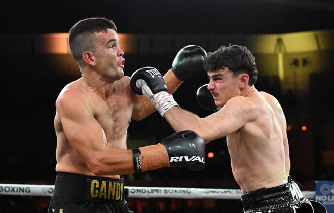 BOXING PARO CROCKER, Riley Candy (left) in action against Brayden Rawlins (right) during their Super middleweight fight at Pat Rafter Arena in Brisbane, Wednesday, June 24, 2026. ( NO ARCHIVING, EDITORIAL USE ONLY BRISBANE QUEENSLAND AUSTRALIA  Copyright: xDARRENxENGLANDx 20260624112742395141