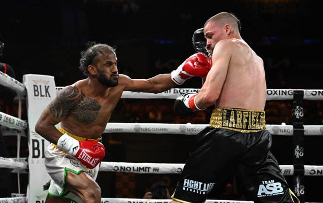 BOXING PARO CROCKER, Shamal Ram Anuj (left) in action against Vegas Larfield (right) during their Featherweight fight at Pat Rafter Arena in Brisbane, Wednesday, June 24, 2026. ( NO ARCHIVING, EDITORIAL USE ONLY BRISBANE QUEENSLAND AUSTRALIA  Copyright: xDARRENxENGLANDx 20260624176520278607