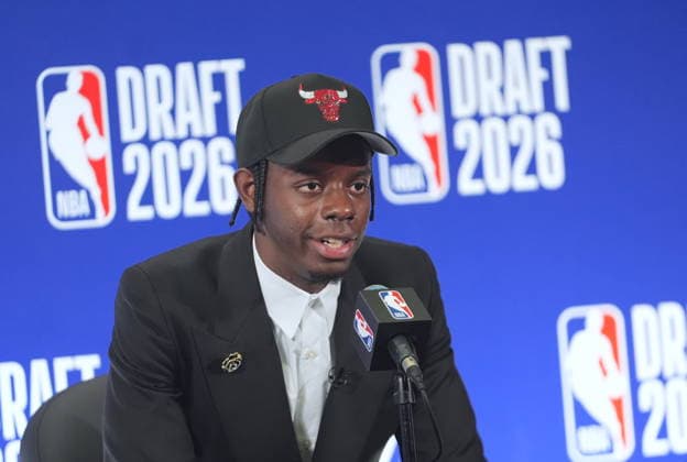 The 2026 NBA, Basketball Herren, USA Draft completed its first round NEW YORK, UNITED STATES - JUNE 23: Caleb Wilson talks to the press after being selected by Chicago Bulls with the No. 4 pick in the 2026 NBA Draft at Barclays Center in Brooklyn, New York City, U.S., on June 23, 2026. Selcuk Acar Anadolu New York United States. Editorial use only. Please get in touch for any other usage.  Copyright: x2026xAnadoluxSelcukxAcarx
