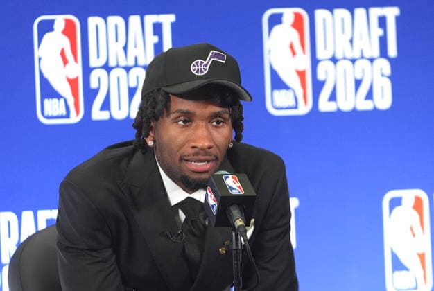 The 2026 NBA, Basketball Herren, USA Draft completed its first round NEW YORK, UNITED STATES - JUNE 23: Darryn Peterson talks to press after being selected by Utah Jazz with No. 2 pick in the 2026 NBA Draft at Barclays Center in Brooklyn, New York City, U.S., on June 23, 2026. Selcuk Acar Anadolu New York United States. Editorial use only. Please get in touch for any other usage.  Copyright: x2026xAnadoluxSelcukxAcarx