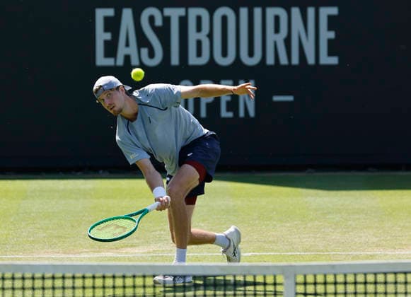 RECORD DATE NOT STATED 24th June 2026; Devonshire Park Lawn Tennis Club, Eastbourne, East Sussex, England; Lexus Eastbourne Open Tennis, Day Four; Toby Samuel (GBR) plays a forehand shot against Thiago Agustin Tirante (ARG) HongboxChen