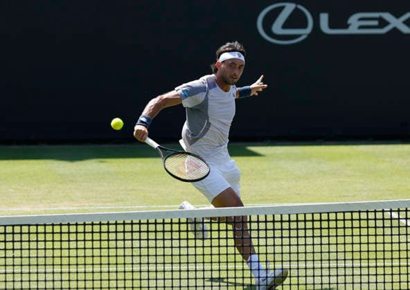 RECORD DATE NOT STATED 24th June 2026; Devonshire Park Lawn Tennis Club, Eastbourne, East Sussex, England; Lexus Eastbourne Open Tennis, Day Four; Thiago Agustin Tirante (ARG) plays a forehand shot against Toby Samuel (GBR) HongboxChen
