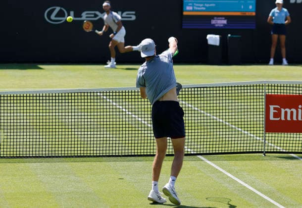RECORD DATE NOT STATED 24th June 2026; Devonshire Park Lawn Tennis Club, Eastbourne, East Sussex, England; Lexus Eastbourne Open Tennis, Day Four; Toby Samuel (GBR) plays an overhead shot against Thiago Agustin Tirante (ARG) HongboxChen
