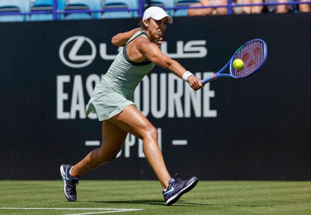 RECORD DATE NOT STATED 24th June 2026; Devonshire Park Lawn Tennis Club, Eastbourne, East Sussex, England; Lexus Eastbourne Open Tennis, Day Four; Madison Keys (USA) plays a backhand shot against Jessica Bouzas Maneiro (ESP) HongboxChen