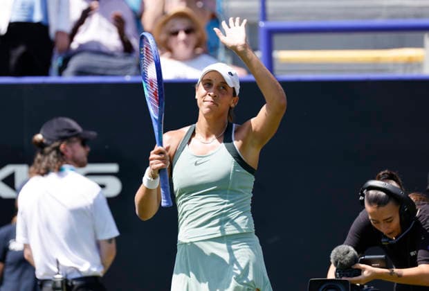 RECORD DATE NOT STATED 24th June 2026; Devonshire Park Lawn Tennis Club, Eastbourne, East Sussex, England; Lexus Eastbourne Open Tennis, Day Four; Madison Keys (USA) celebrates after defeating Jessica Bouzas Maneiro (ESP) HongboxChen