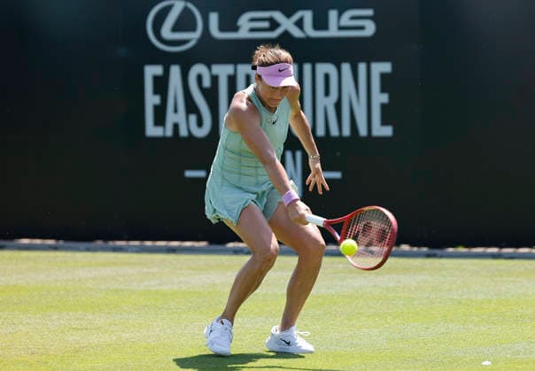 RECORD DATE NOT STATED 24th June 2026; Devonshire Park Lawn Tennis Club, Eastbourne, East Sussex, England; Lexus Eastbourne Open Tennis, Day Four; Tatjana Maria (GER) plays a backhand shot against Anastasia Zakharova HongboxChen
