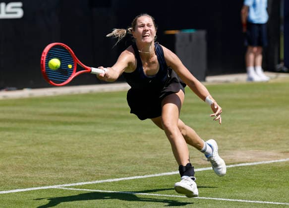 RECORD DATE NOT STATED 24th June 2026; Devonshire Park Lawn Tennis Club, Eastbourne, East Sussex, England; Lexus Eastbourne Open Tennis, Day Four; Anastasia Zakharova plays a forehand shot against Tatjana Maria (GER) HongboxChen