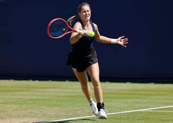 RECORD DATE NOT STATED 24th June 2026; Devonshire Park Lawn Tennis Club, Eastbourne, East Sussex, England; Lexus Eastbourne Open Tennis, Day Four; Anastasia Zakharova plays a forehand shot against Tatjana Maria (GER) HongboxChen