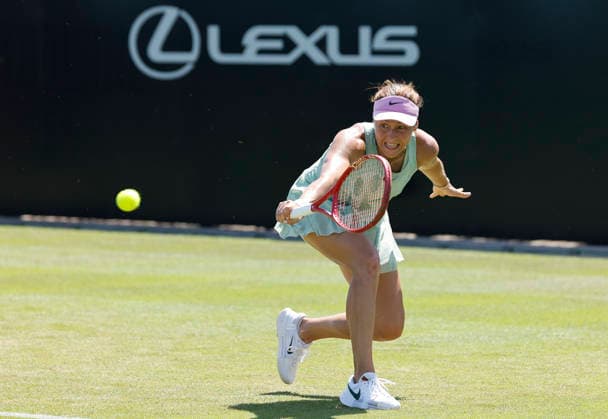 RECORD DATE NOT STATED 24th June 2026; Devonshire Park Lawn Tennis Club, Eastbourne, East Sussex, England; Lexus Eastbourne Open Tennis, Day Four; Tatjana Maria (GER) plays a backhand shot against Anastasia Zakharova HongboxChen