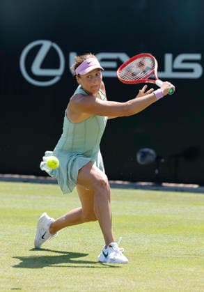 RECORD DATE NOT STATED 24th June 2026; Devonshire Park Lawn Tennis Club, Eastbourne, East Sussex, England; Lexus Eastbourne Open Tennis, Day Four; Tatjana Maria (GER) plays a backhand shot against Anastasia Zakharova HongboxChen