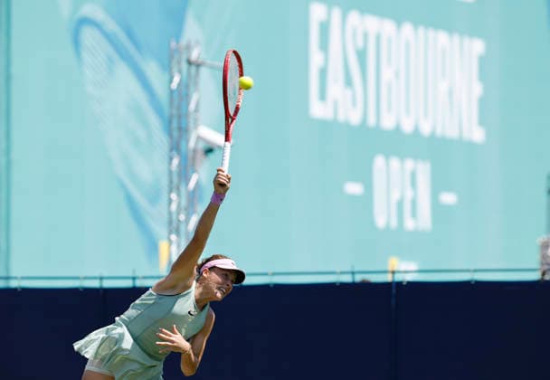 RECORD DATE NOT STATED 24th June 2026; Devonshire Park Lawn Tennis Club, Eastbourne, East Sussex, England; Lexus Eastbourne Open Tennis, Day Four; Tatjana Maria (GER) serves to Anastasia Zakharova HongboxChen