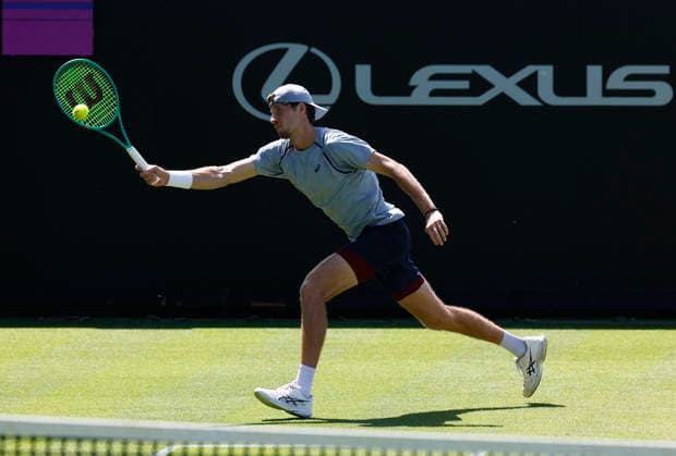 RECORD DATE NOT STATED 24th June 2026; Devonshire Park Lawn Tennis Club, Eastbourne, East Sussex, England; Lexus Eastbourne Open Tennis, Day Four; Toby Samuel (GBR) plays a forehand shot against Thiago Agustin Tirante (ARG) HongboxChen
