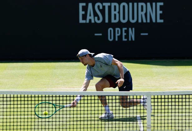RECORD DATE NOT STATED 24th June 2026; Devonshire Park Lawn Tennis Club, Eastbourne, East Sussex, England; Lexus Eastbourne Open Tennis, Day Four; Toby Samuel (GBR) plays a forehand shot against Thiago Agustin Tirante (ARG) HongboxChen