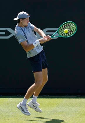 RECORD DATE NOT STATED 24th June 2026; Devonshire Park Lawn Tennis Club, Eastbourne, East Sussex, England; Lexus Eastbourne Open Tennis, Day Four; Toby Samuel (GBR) plays a backhand shot against Thiago Agustin Tirante (ARG) HongboxChen