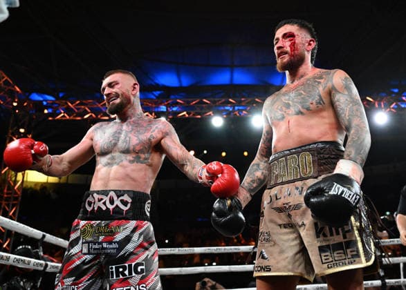 BOXING PARO CROCKER, Lewis Crocker (left) of Northern Ireland and Liam Paro (right) of Australia are seen together at the end of the fight during the IBF Welterweight World Title fight at Pat Rafter Arena in Brisbane, Wednesday, June 24, 2026. ( NO ARCHIVING, EDITORIAL USE ONLY BRISBANE QUEENSLAND AUSTRALIA  Copyright: xDARRENxENGLANDx 20260625181683049510