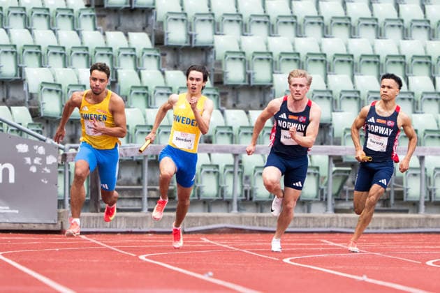 260624 Filip Olsson and Zion Eriksson of Sweden and Per Tinius Fremstad-Waldron and Jacob Vauladuring of Norway compete in men™s 4x100 meter relay during the athletics competition Boysen Memorial on June 24, 2026 in Oslo. Photo: Marius Nordnes BILDBYRAN COP 185 MX0001 friidrott athletics friidrett boysen memorial norge bbeng sverige sweden *** June 24, 2026: Filip Olsson and Zion Eriksson of Sweden and Per Tinius Fremstad Waldron and Jacob Vauladuring of Norway compete in the men’s 4x100-meter relay during the Boysen Memorial track and field meet on June 24, 2026 in Oslo. Photo by Marius Nordnes, BILDBYRAN COP 185 MX0001. track and field, athletics, friidrett, Boysen Memorial, Norway, BBENG, Sweden  Copyright: MARIUSxNORDNES BB260624BB749