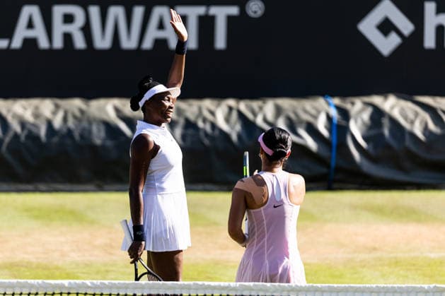 BAD HOMBURG, GERMANY - JUNE 24: Alexandra Eala (PHI) Venus Williams (USA) smiling, happy during the Bad Homburg Open powered by Solarwatt Doubles match between Catherine Harrison (USA) Alexandra Osborne (AUS) vs Alexandra Eala (PHI) Venus Williams (USA) at Kurpark Bad Homburg on June 24, 2026 in Bad Homburg, Germany. Hessen Germany Copyright: xSteffiexWunderlx