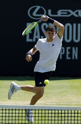 RECORD DATE NOT STATED 24th June 2026; Devonshire Park Lawn Tennis Club, Eastbourne, East Sussex, England; Lexus Eastbourne Open Tennis, Day Four; Juan Manuel Cerundoli (ARG) plays a forehand shot against Arthur Fery (GBR) HongboxChen