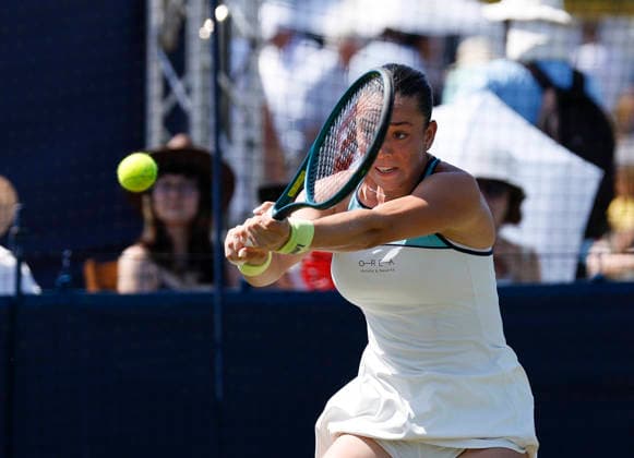 RECORD DATE NOT STATED 24th June 2026; Devonshire Park Lawn Tennis Club, Eastbourne, East Sussex, England; Lexus Eastbourne Open Tennis, Day Four; Tereza Valentova (CZE) plays a backhand shot against Ajia Tomljanovic (AUS) HongboxChen