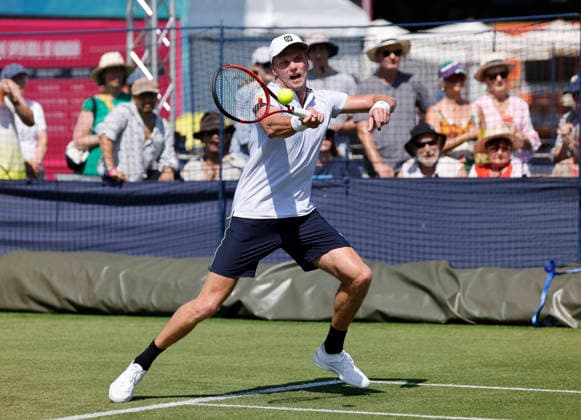 RECORD DATE NOT STATED 24th June 2026; Devonshire Park Lawn Tennis Club, Eastbourne, East Sussex, England; Lexus Eastbourne Open Tennis, Day Four; Jenson Brooksby (USA) plays a forehand shot against Ugo Humert (GBR) HongboxChen