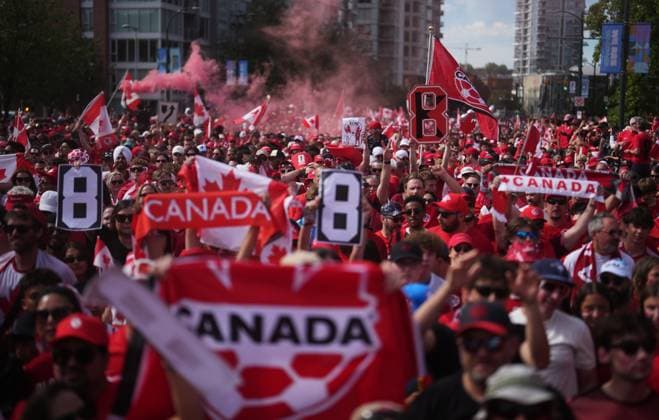 June 24, 2026, Vancouver, Bc, CANADA: Canada fans march to B.C. Place stadium before Canada and Switzerland play a World Cup Group B soccer match, in Vancouver, on Wednesday, June 24, 2026. Canada News - June 24, 2026  - ZUMAc35_ 20260624_zaf_c35_011 Copyright: xDarrylxDyckx