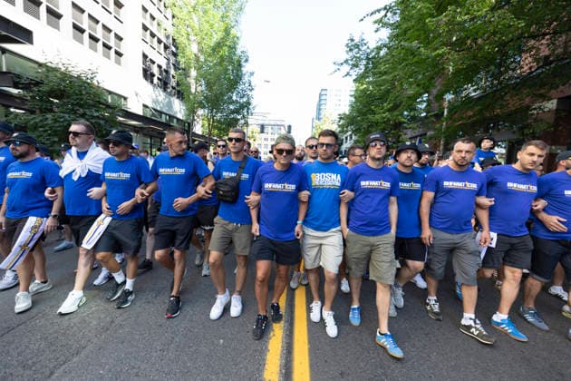 June 24, 2026, Seattle, Washington, USA: Fans of team Bosnia and Herzegovina lead a march through downtown Seattle to the FIFA World Cup, WM, Weltmeisterschaft, Fussball match between Bosnia and Herzegovina and Qatar at Seattle Stadium on Wednesday, June 24, 2026. 2026 FIFA World Cup: Bosnia And Herzegovina Vs Qatar In Seattle  - ZUMAg235 20260624_zap_g235_008 Copyright: xPaulxChristianxGordonx