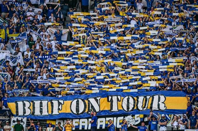 Bosnia and Herzegovina supporters pictured at a soccer game between Bosnia and Herzegovina and Qatar, on Wednesday 24 June 2026 in Seattle, the third and last day in the group stage, in group B of the FIFA World Cup, WM, Weltmeisterschaft, Fussball 2026 in the United States of America. DIRKxWAEM  x179156626x