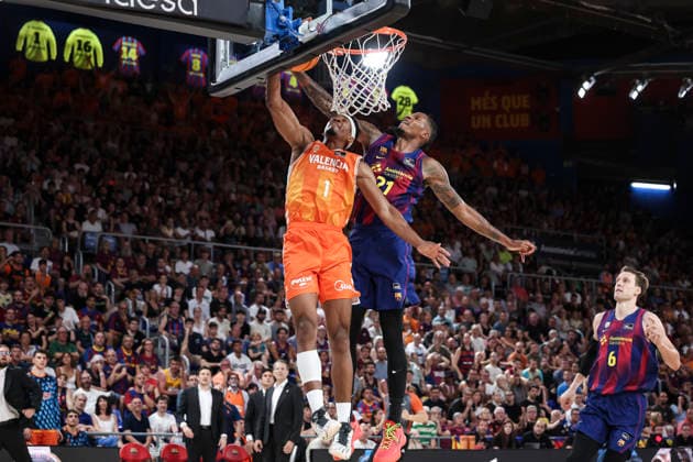 June 24, 2026, Barcelona, Barcelona, Spain: Kameron Taylor of Valencia Basket and Will Clyburn of FC Barcelona, Barca in action during the Spanish League, Liga ACB Endesa, basketball Final Game 4 match played between FC Barcelona and Valencia Basket at Palau Blaugrana on June 24, 2026 in Barcelona, Spain. Barcelona Spain - ZUMAa181 20260624_zaa_a181_049 Copyright: xJavierxBorregox