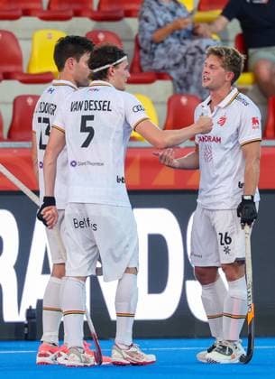 Belgium s Arthur de Sloover, Belgium s Arno Van Dessel and Belgium s Victor Wegnez pictured during a hockey game between Belgian national team, Nationalteam Red Lions and Netherlands, Wednesday 24 June 2026 in Wavre, match 13 16 in the group stage of the men s FIH Pro League competition. VIRGINIExLEFOUR  x179158663x