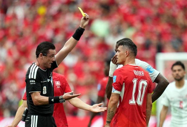 FIFA World Cup, WM, Weltmeisterschaft, Fussball 2026 - Group B - Switzerland vs Canada Granit Xhaka of Switzerland gets the yellow card from referee Ramon Abatti of Brazil during the FIFA World Cup 2026 group stage match Switzerland against Canada, in Vancouver, Canada, 24 June 2026. VANCOUVER Canada  Copyright: xBOBxFRIDx
