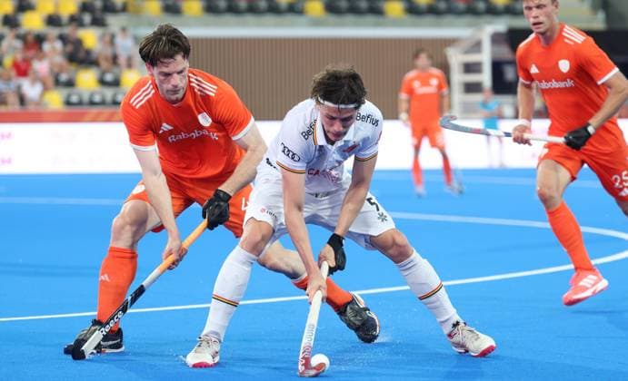 Belgium s Arno Van Dessel fights for the ball during a hockey game between Belgian national team, Nationalteam Red Lions and Netherlands, Wednesday 24 June 2026 in Wavre, match 13 16 in the group stage of the men s FIH Pro League competition. VIRGINIExLEFOUR  x179160622x