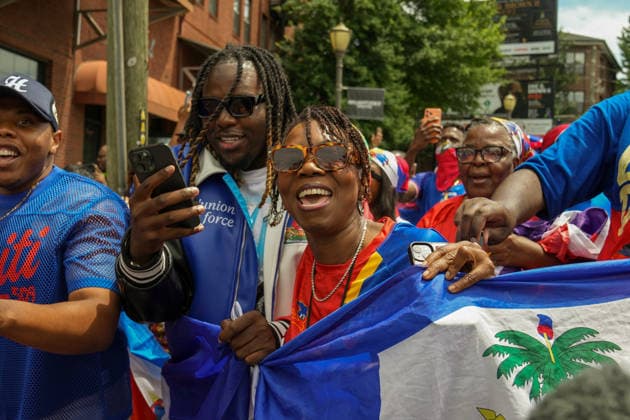 June 24, 2026, Atlanta, Georgia, United States of America: Haiti fan pose for the camera during the Haiti fan march before the Morocco vs Haiti First Stage Group C match in ATLANTA, Georgia. World Cup 2026: Group C: Morocco : Haiti  - ZUMAg276 20260624_zsp_g276_007 Copyright: xMalachixGabrielx