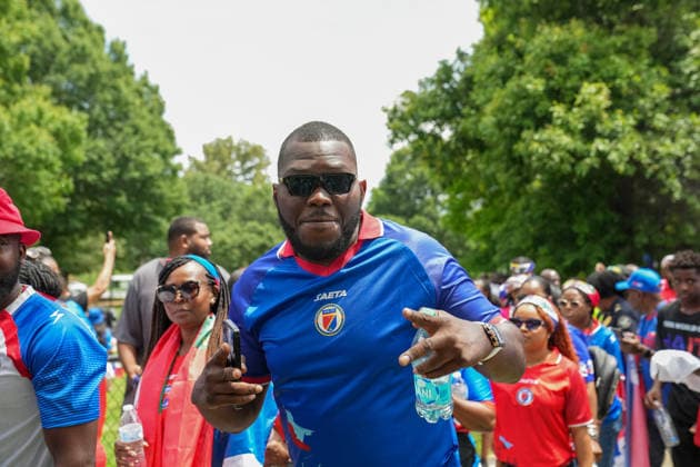 June 24, 2026, Atlanta, Georgia, United States of America: Haiti fan pose for the camera during the Haiti fan march before the Morocco vs Haiti First Stage Group C match in ATLANTA, Georgia. Atlanta United States of America - ZUMAg276 20260624_zsp_g276_018 Copyright: xMalachixGabrielx
