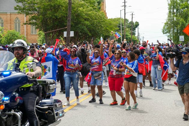 June 24, 2026, Atlanta, Georgia, United States of America: Haiti fans cheering and walking during the Haiti fan march before the Morocco vs Haiti First Stage Group C match in ATLANTA, Georgia. World Cup 2026: Group C: Morocco : Haiti  - ZUMAg276 20260624_zsp_g276_023 Copyright: xMalachixGabrielx
