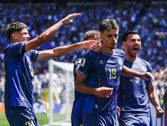 (260625) -- SEATTLE, June 25, 2026 -- Kerim Alajbegovic (front R) of Bosnia and Herzegovina celebrates a goal wtih teammates during the group B match between Bosnia and Herzegovina and Qatar at the 2026 FIFA World Cup, WM, Weltmeisterschaft, Fussball at Seattle Stadium in Seattle, the United States, June 24, 2026. (Photo by Xinhua) (SP)U.S.-SEATTLE-FOOTBALL-FIFA WORLD CUP-GROUP B-BIH VS QAT ArthurxDong 